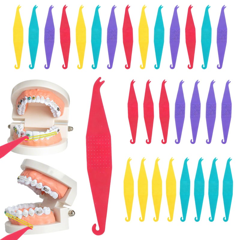 30 Pcs Multicolored Dental Rubber Bands Placers for Braces - Plastic Disposable Orthodontic Band Insertion Placement Tool Instrument